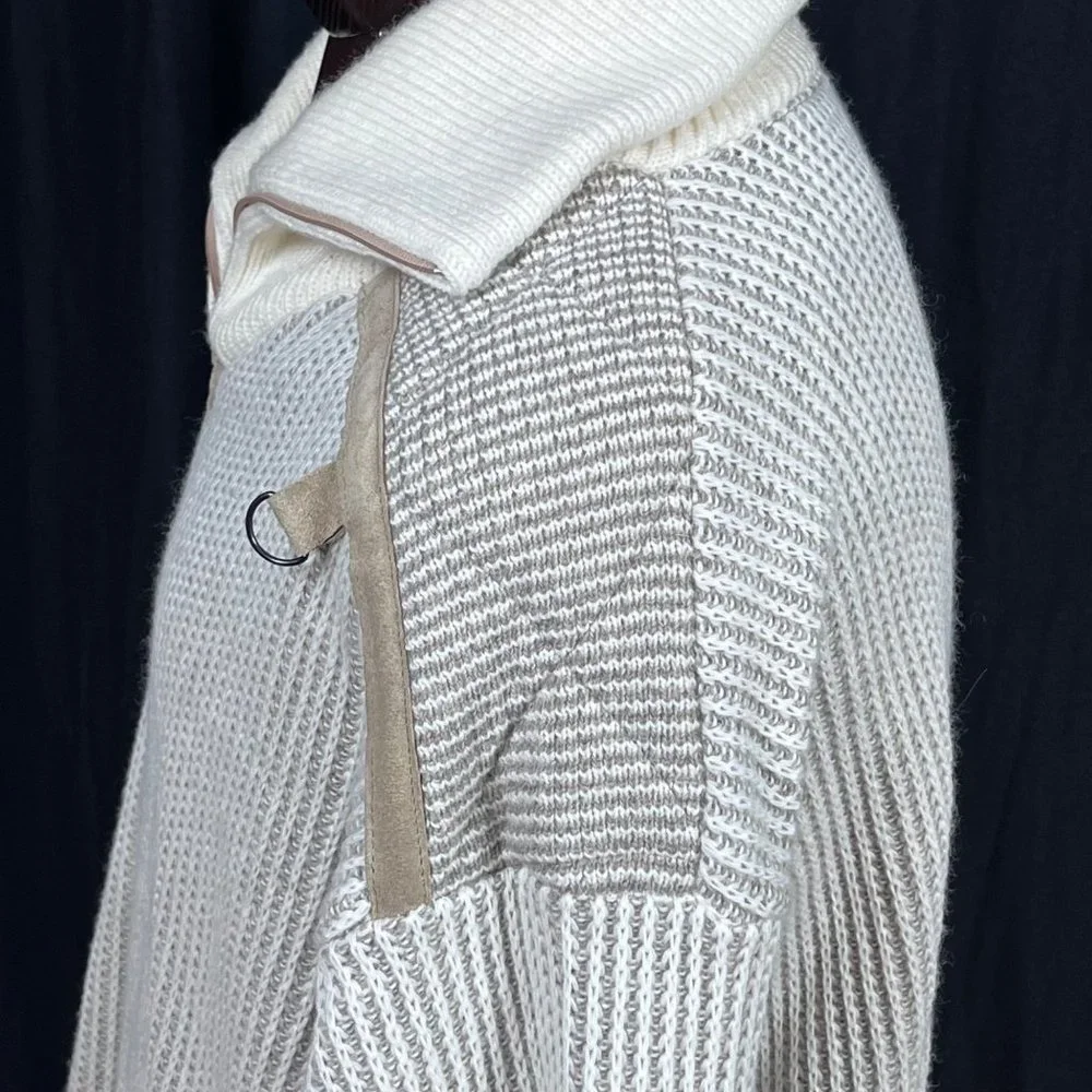 Men's Sweater Argentina Knit Leather Patches 1/8 Zip Size‎ L Off White Cream XL